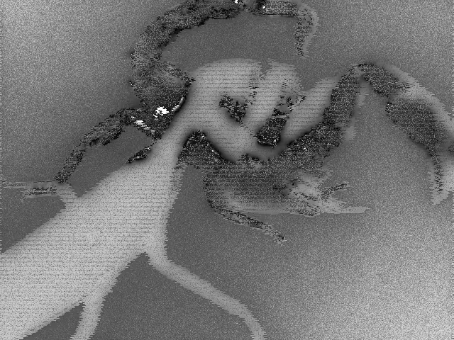 En förvrängd, svartvit shillouette av en bönsyrsa som attackerar en skorpinion